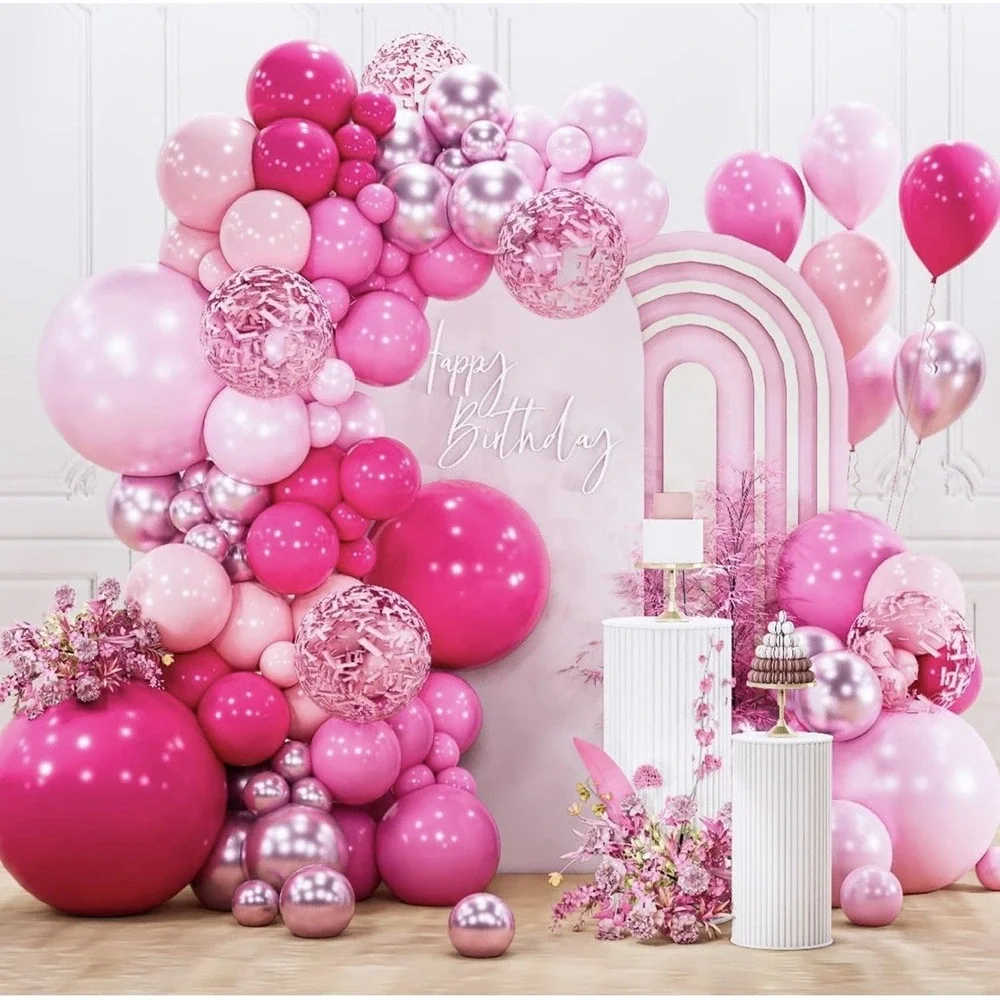 Pink Glitter 6ft x 8ft Happy Birthday Backdrop + Balloon Arch, Barbie Disco Glam